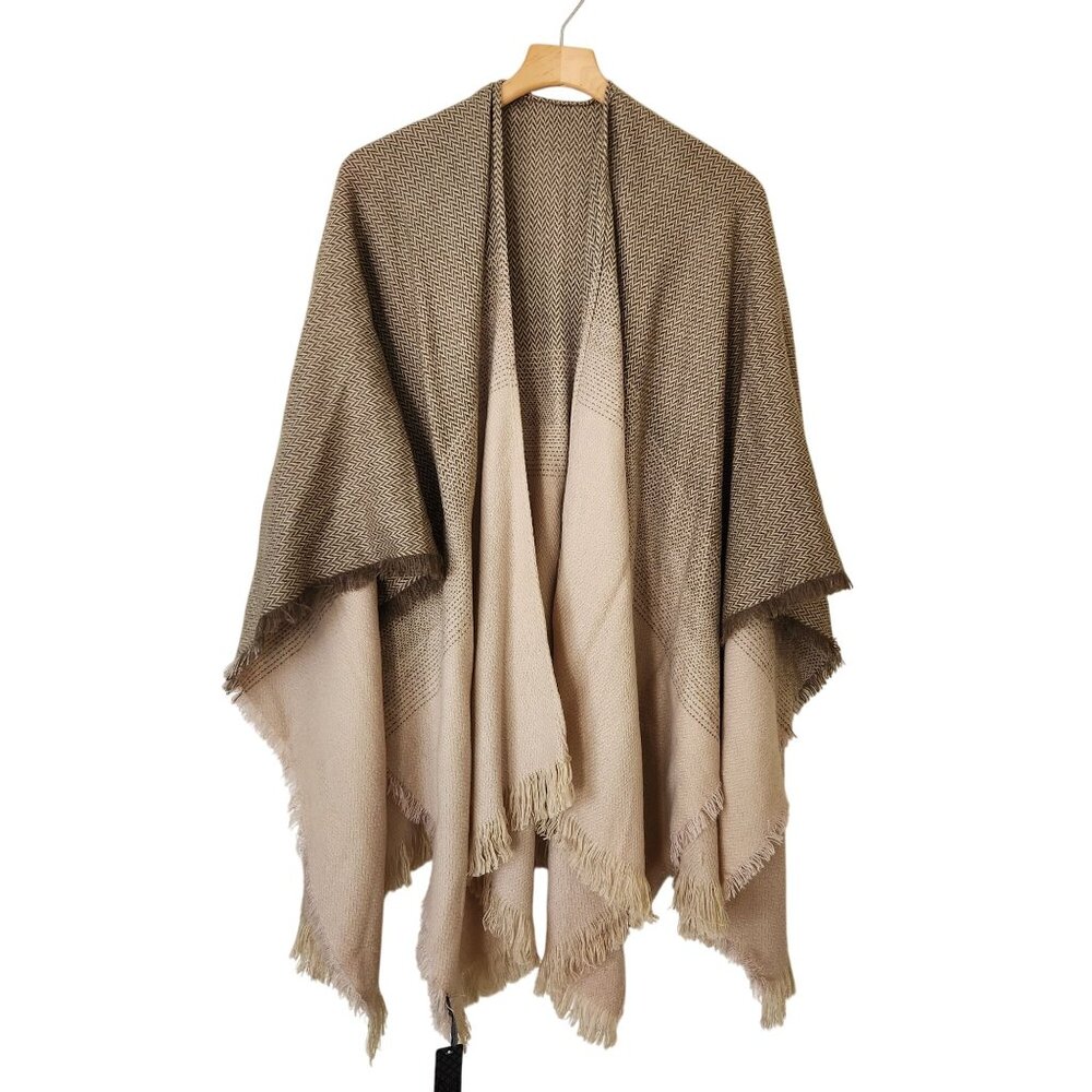 Massini Ombre Ruana One Size Beige Taupe Wrap Shawl Fall Winter Boho Prairie - Picture 2 of 11